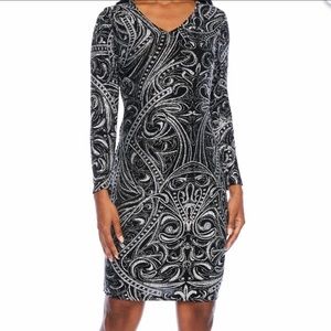 Blu Sage• Black Metallic V-Neck Long Sleeve Midi Dress